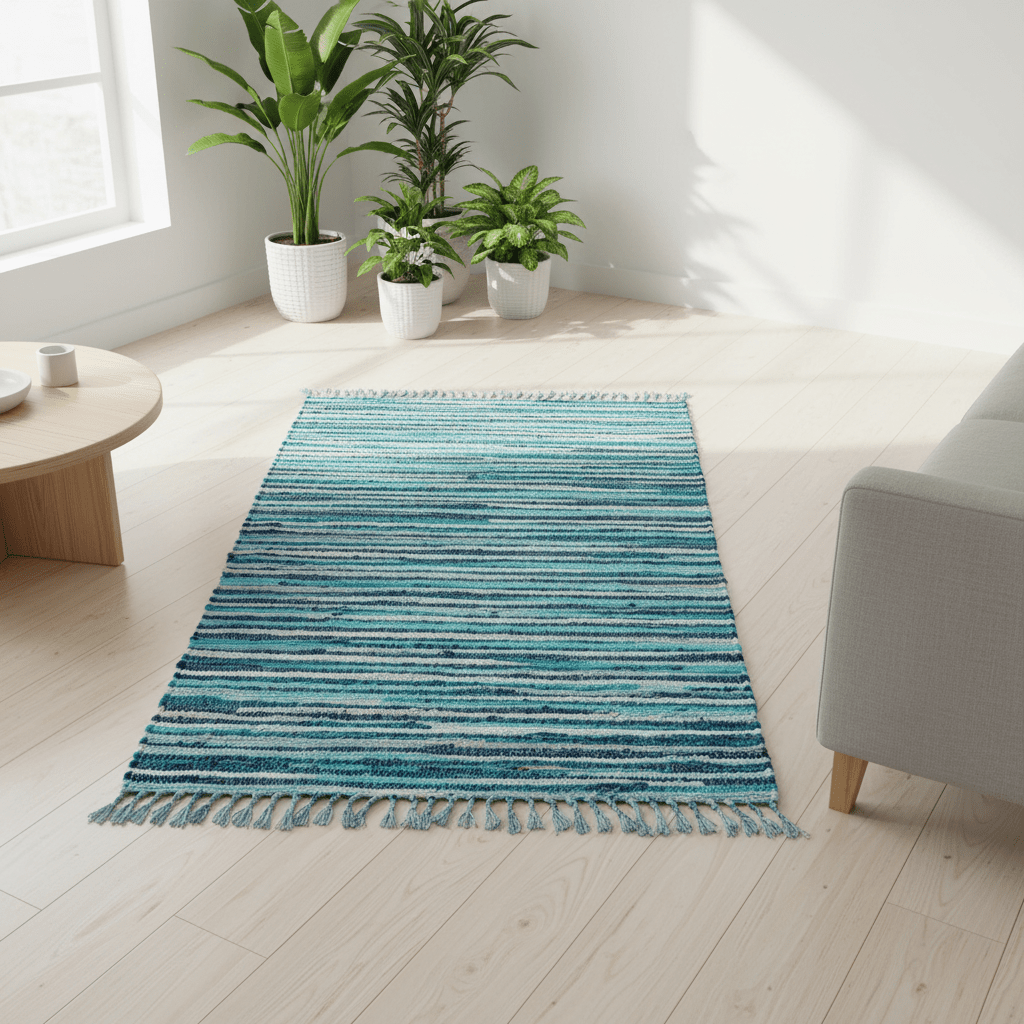 Blue striped rug on a light wooden floor with potted plants and a grey chair.