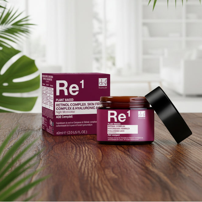 Dr Botanicals Retinol Complex 1%, Skin Firming Complex 1% & Hyaluronic Acid 1% Night Moisturiser 60ml Moisturiser on a wooden surface with exotic green plants
