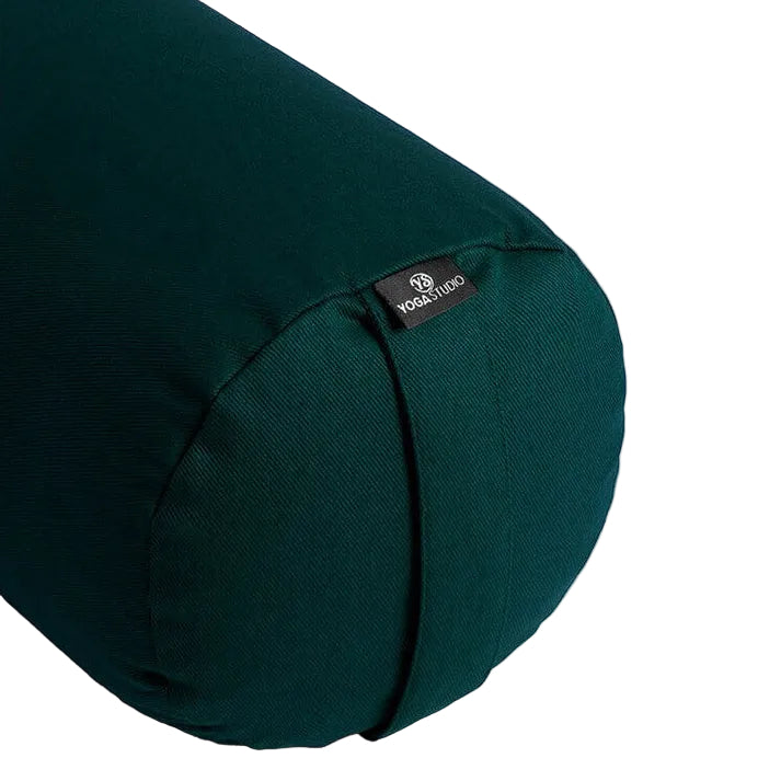 Green yoga bolster with 'Yoga Studio' logo on a white background