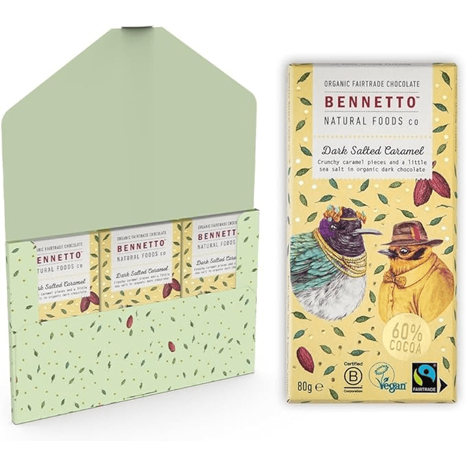 Bennetto organic fairtrade chocolate bar packaging on a white background