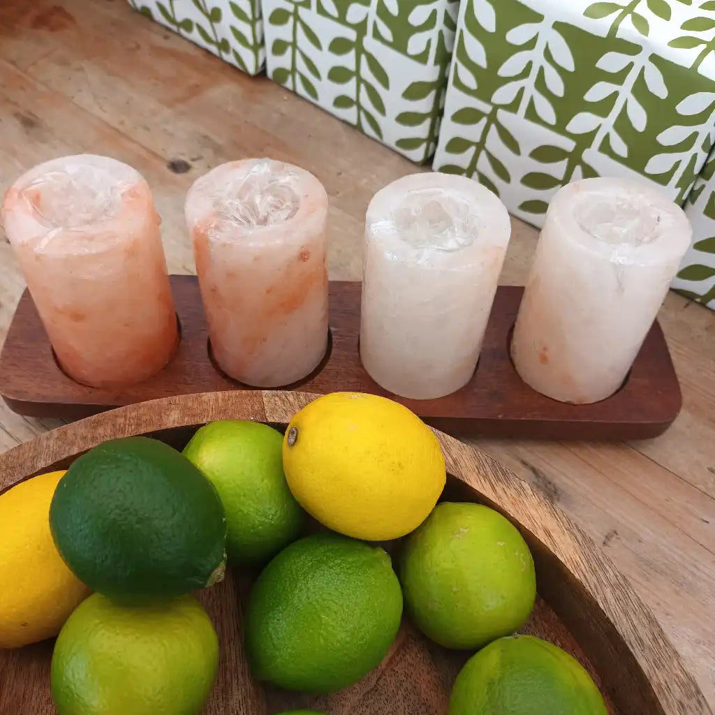 Ancient Wisdom Himalayan Salt Shot Glasses & Wood Serving Stand - Gift Set of 2 or 4 Home & Garden > Kitchen & Dining > Tableware > Drinkware > Drinkware Sets > Shot Glasses emmy-jane-boutique.myshopify.com