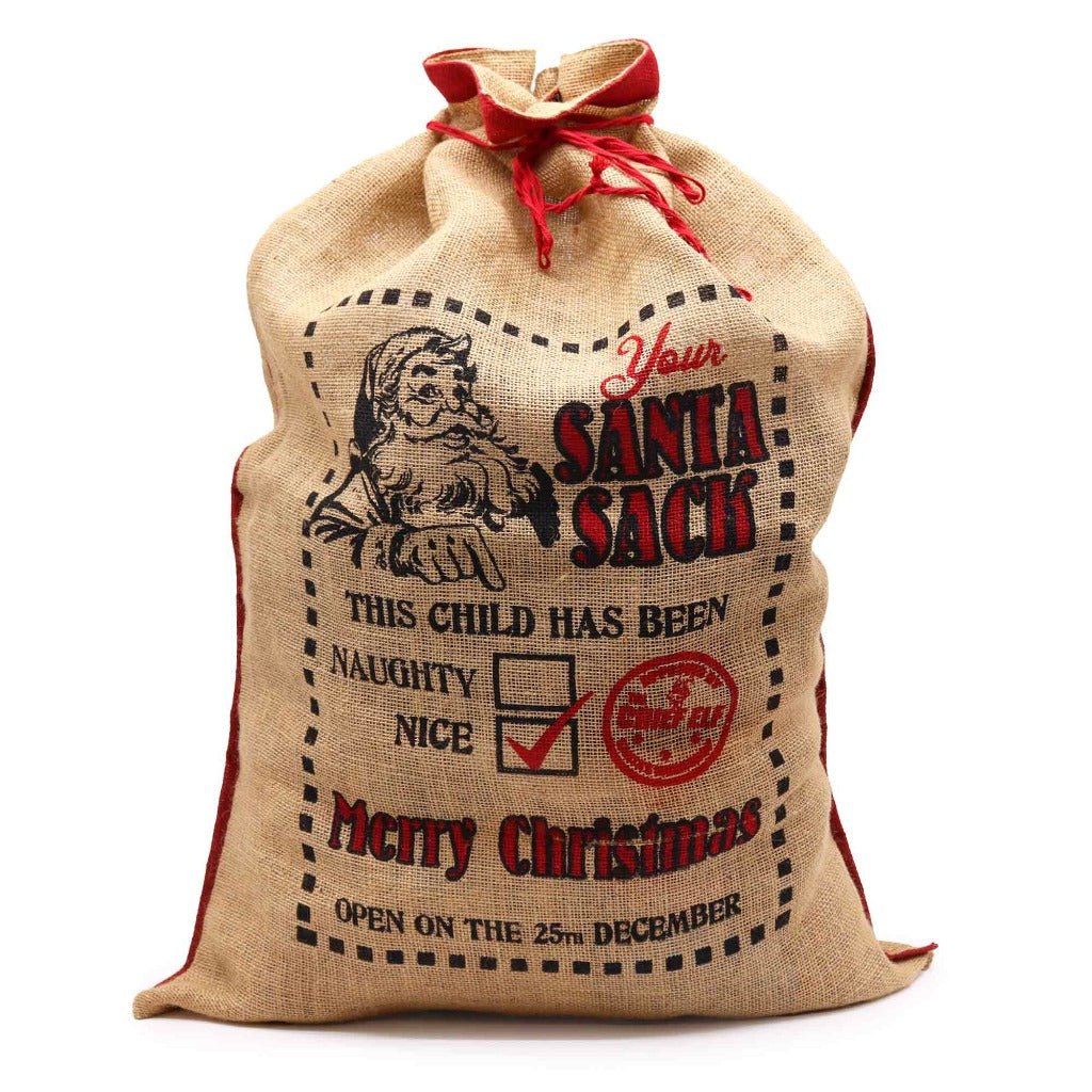 Reusable Christmas Present Bags - Santa Sacks - Natural Xmas Stockings. This wonderfully festive Jute Sack is strong and sturdy. Fill it with presents for your friends and family and also reuse it next year so you can get plenty of use out of it. Made in India. Available in four different designs. Colour Natural Black and Red. Size of the Jute Santa Bag: 76cm x 55cm Size: H: 76 cm; W: 55 cm. Material Jute