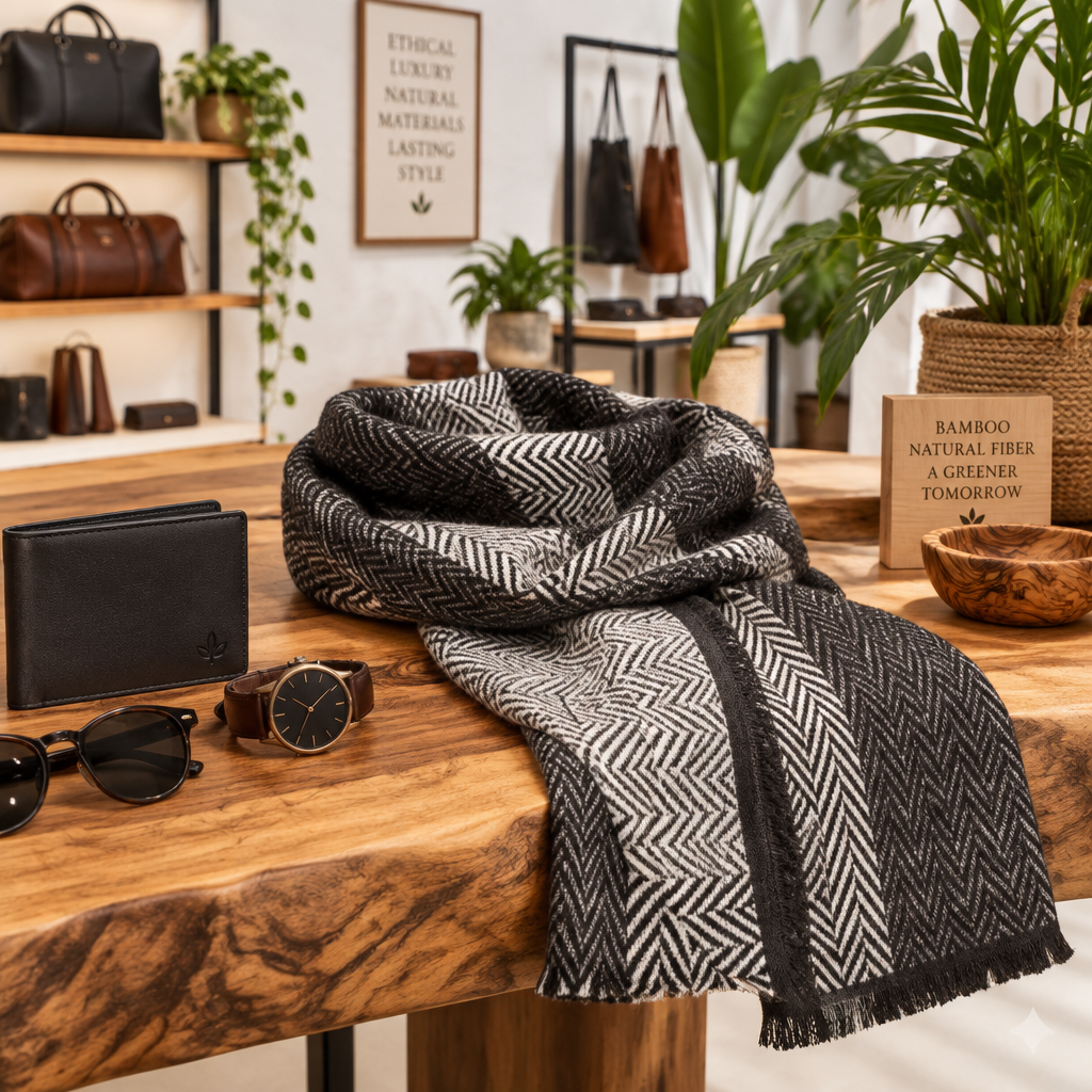 A black and white herringbone pattern scarf with fringed edges is draped over a rustic wooden table in a styled boutique setting. The scene includes a black leather bifold wallet, sunglasses, a watch, and other bags on shelves in the background.