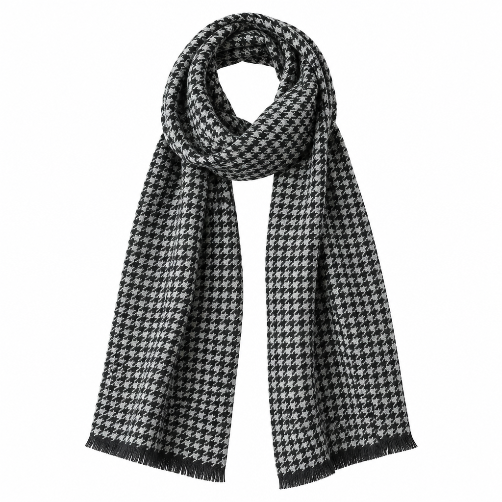 A black and white houndstooth scarf with fringed ends, neatly arranged in a loop on a solid white background.