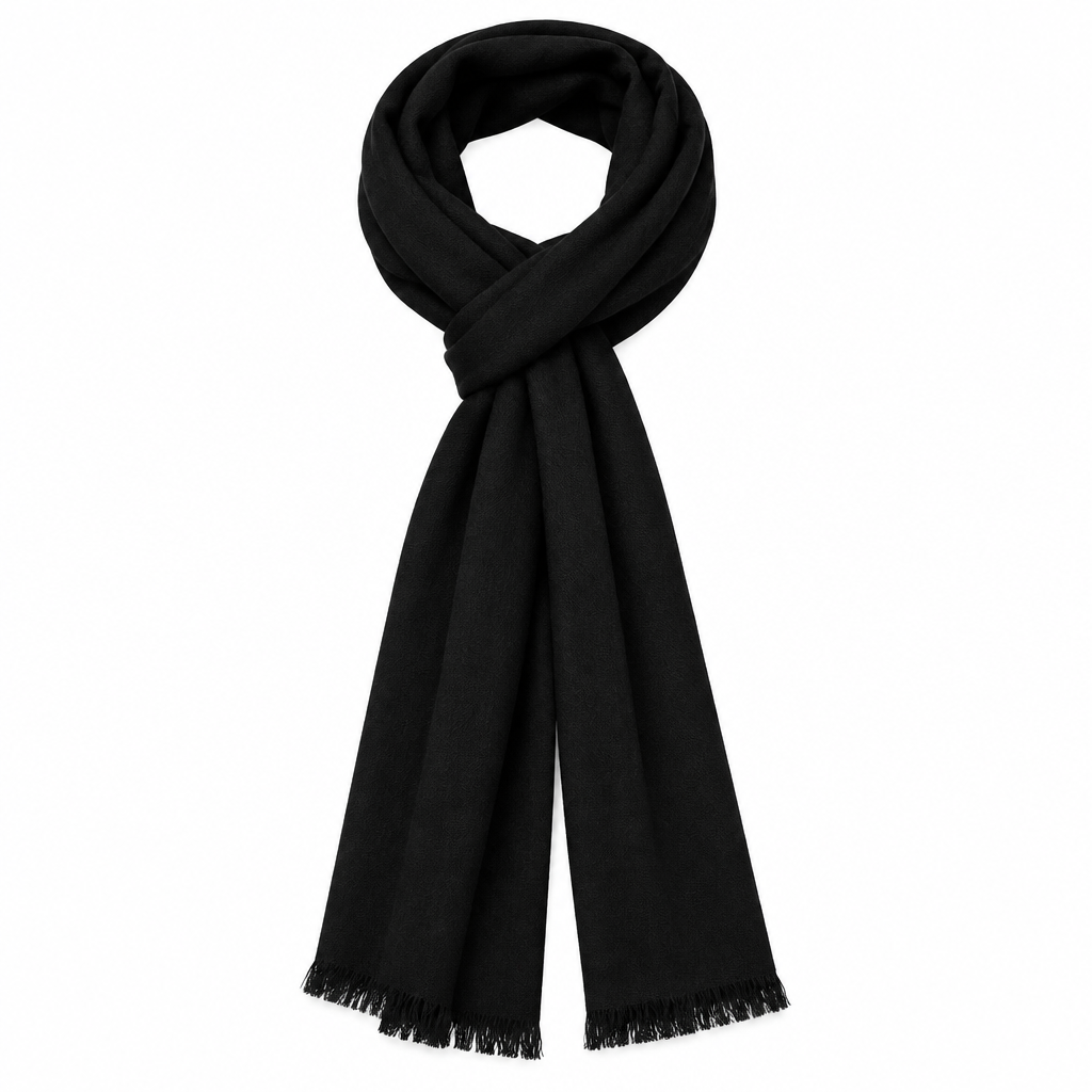 A solid black scarf with fringed ends, neatly folded and looped in a knot against a plain white background.