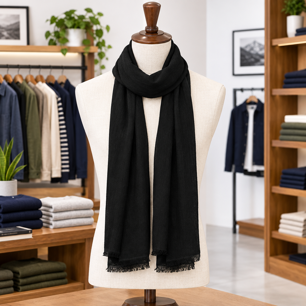 A black lightweight scarf with fringed edges draped on a cream-colored mannequin torso in a retail clothing store setting.