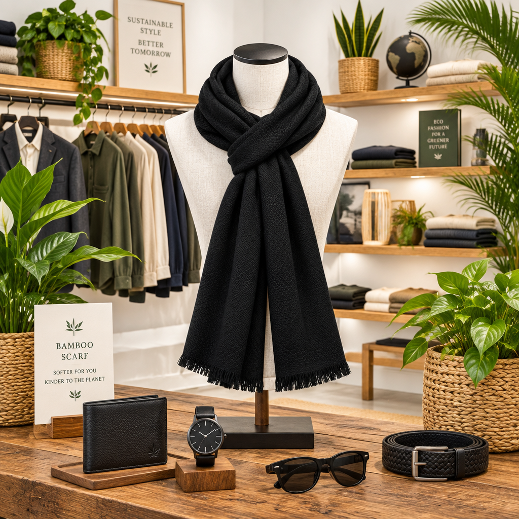 A black knit scarf with fringe is displayed on a white mannequin torso in a styled retail setting. The mannequin stands on a wooden table alongside a black wallet, a wristwatch, sunglasses, a woven belt, and a small sign reading 'BAMBOO SCARF'.