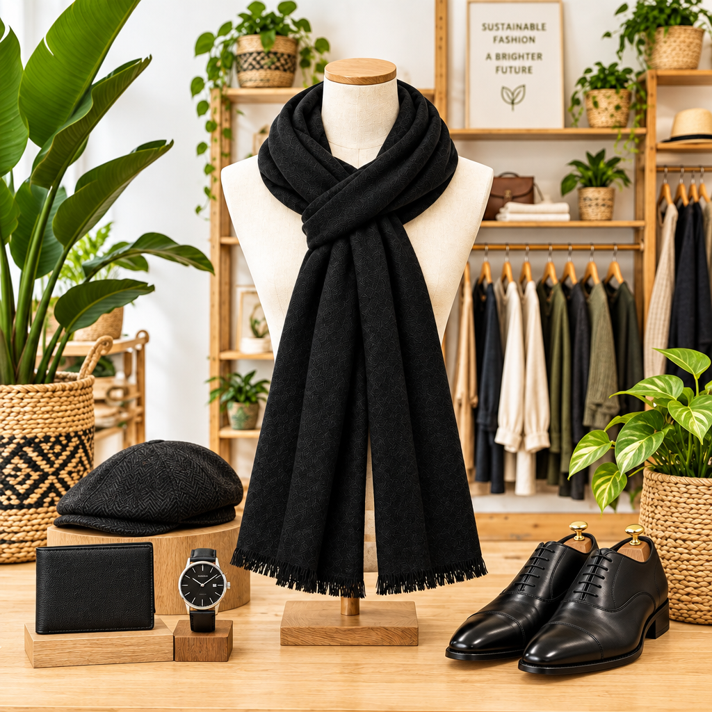 A black knit scarf with fringe is displayed on a cream mannequin torso in a styled retail interior. The scene includes a black beret, black leather wallet, black wristwatch, and black dress shoes on a wooden table, with clothing racks, potted plants, and shelving in the background.