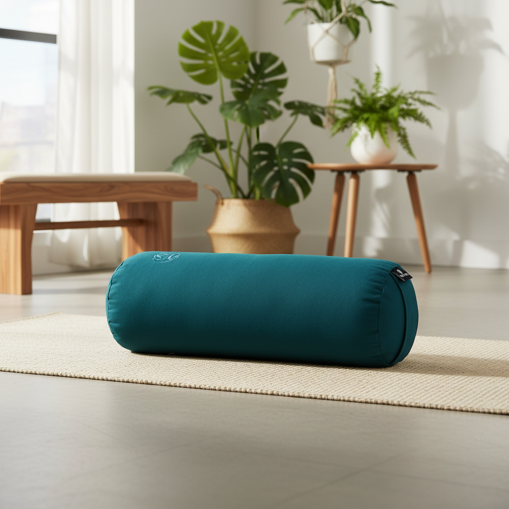 A teal yoga bolster pillow with a small white embroidered logo, resting on a beige woven mat in a bright, modern room with potted plants and wooden furniture.