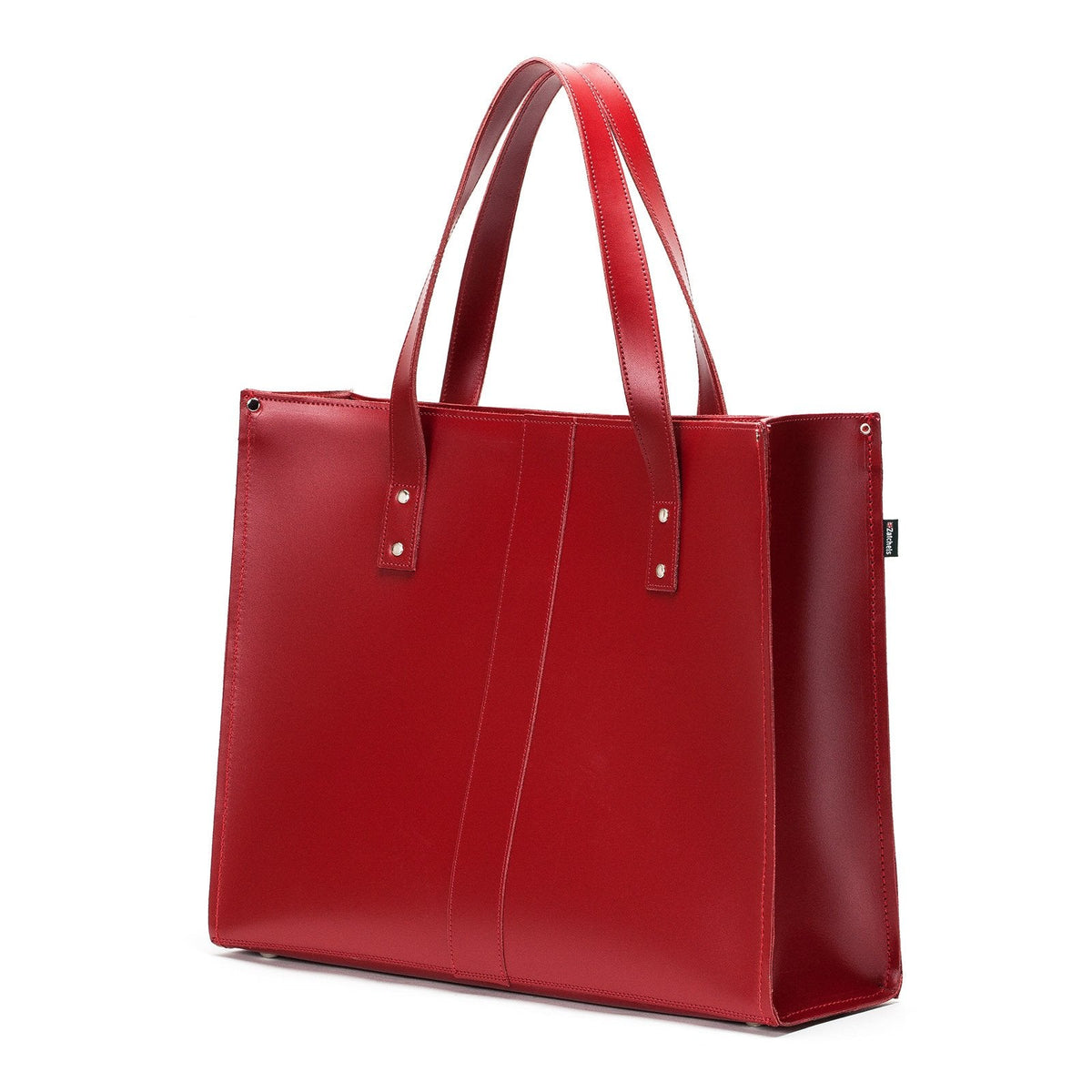 Red leather tote bag on a white background