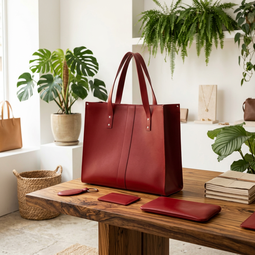 A large structured red leather tote bag sits on a wooden table in a bright, plant-filled boutique setting, with matching red wallet and keychain accessories placed in front.