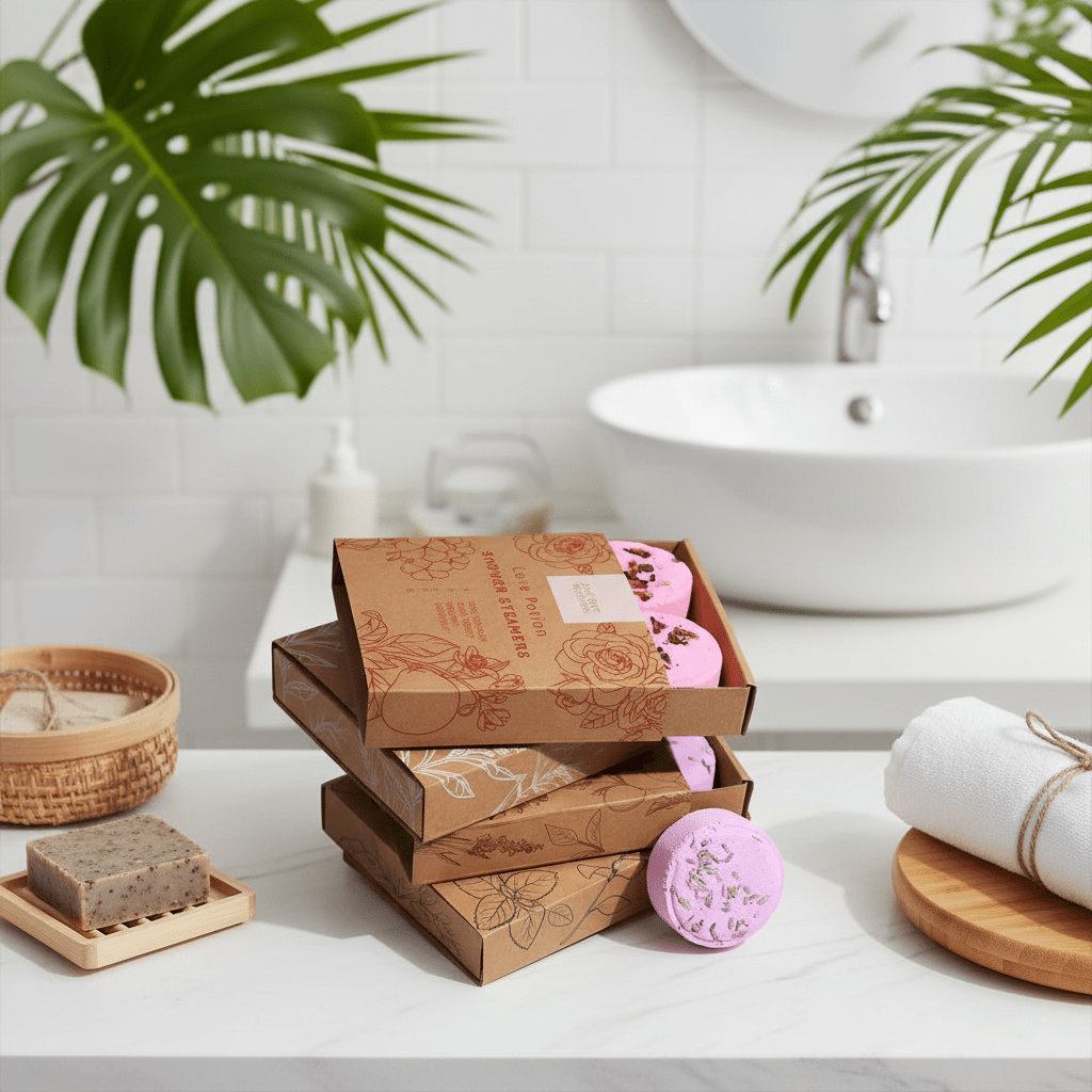 Bath bombs and soap bars on a bathroom counter with plants and a sink in the background