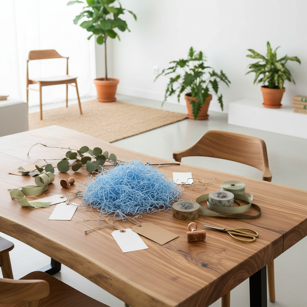 A styled craft or gift-wrapping setup on a wooden table, featuring a large pile of light blue shredded paper, ribbon spools, kraft paper bags, scissors, and eucalyptus stems, with chairs and potted plants in a bright room in the background.