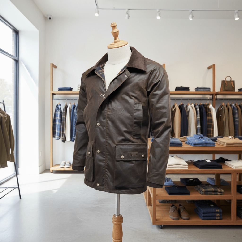 Brown wax jacket on a mannequin in a men's clothing store setting
