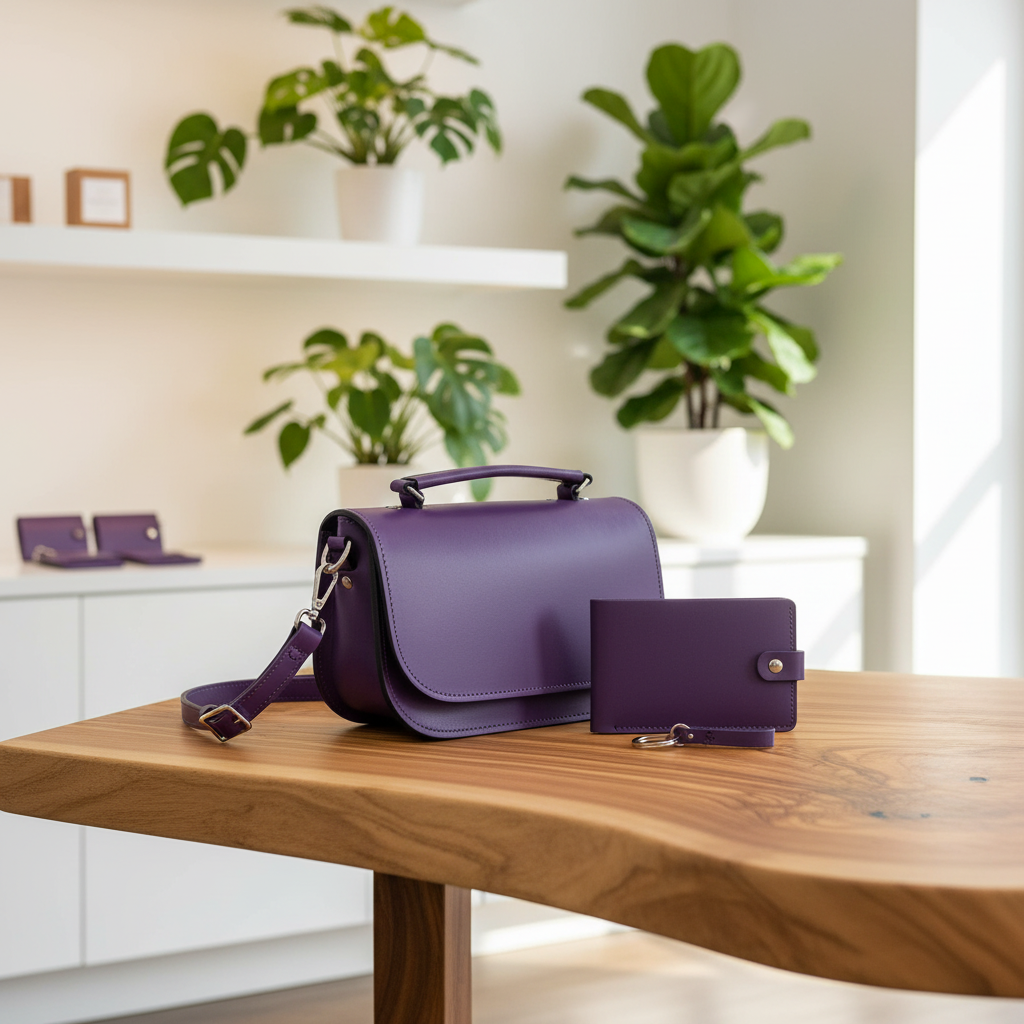 A purple leather handbag with a top handle and shoulder strap sits on a wooden table, accompanied by a matching purple wallet. The background shows a softly blurred interior with white shelves and potted green plants.