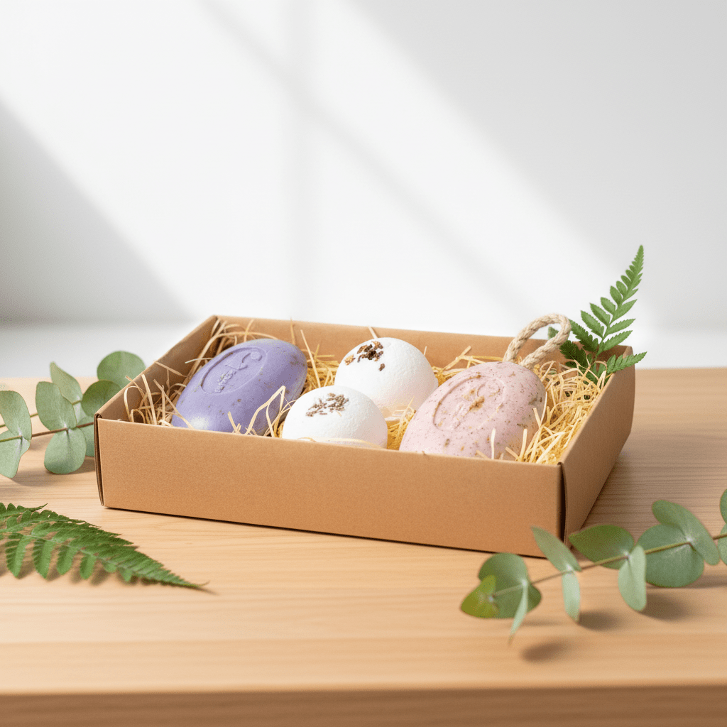 Two bath bombs and two soaps in a cardboard git box on a wooden surface with greenery.