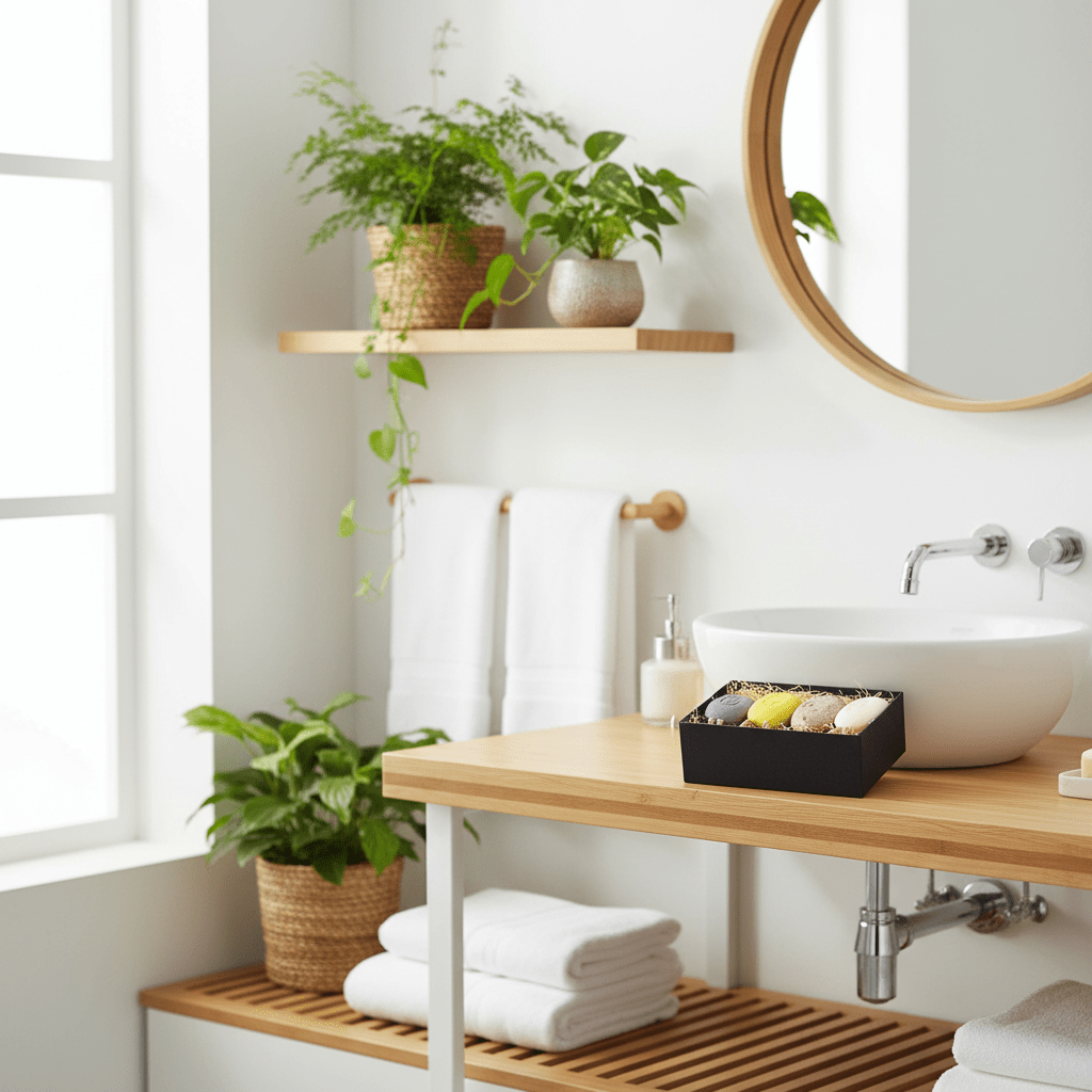 Bathroom with wooden vanity, sink, soaps and plants
