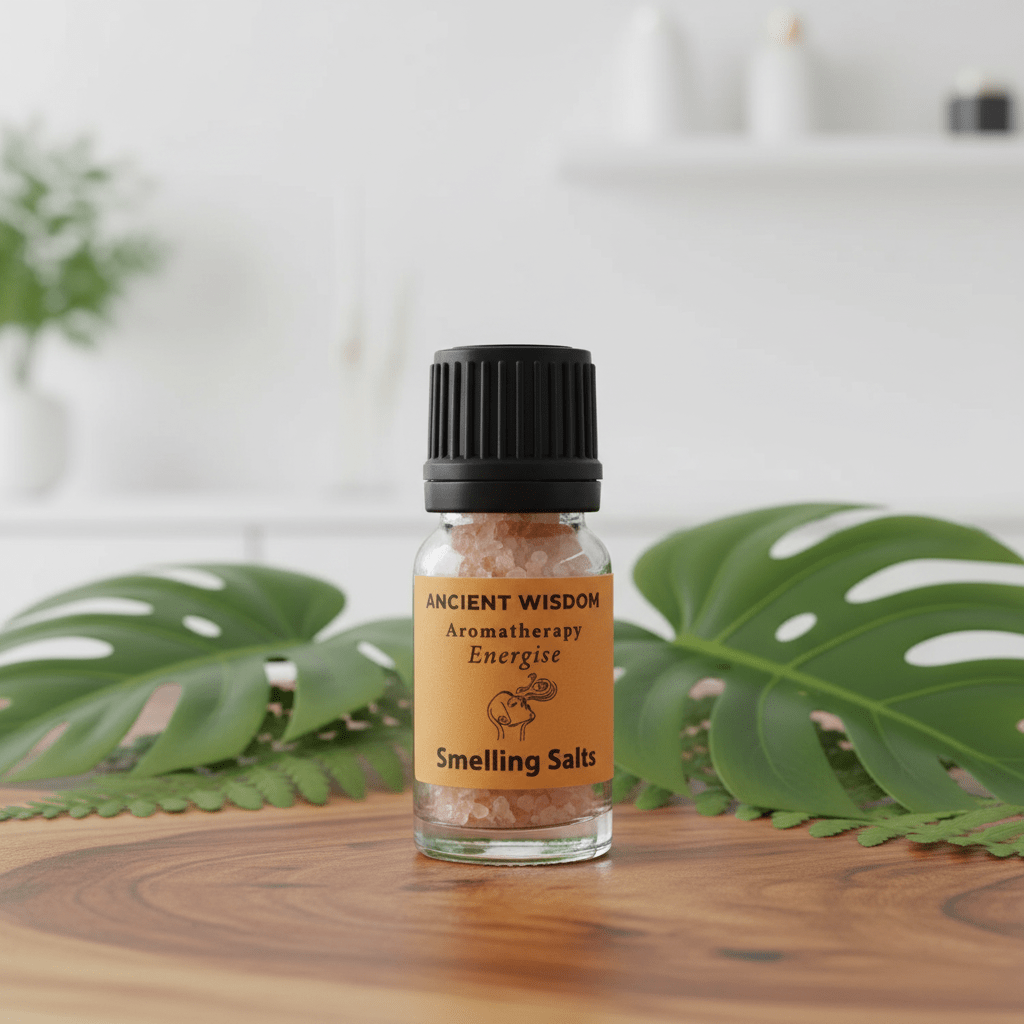 A bottle of aromatherapy smelling salts on a wooden surface with exotic green plants
