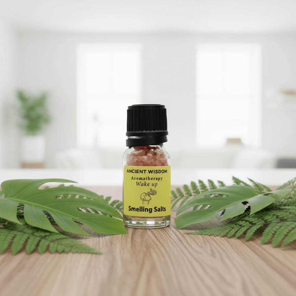 A bottle of aromatherapy smelling salts on a wooden surface with exotic green plants