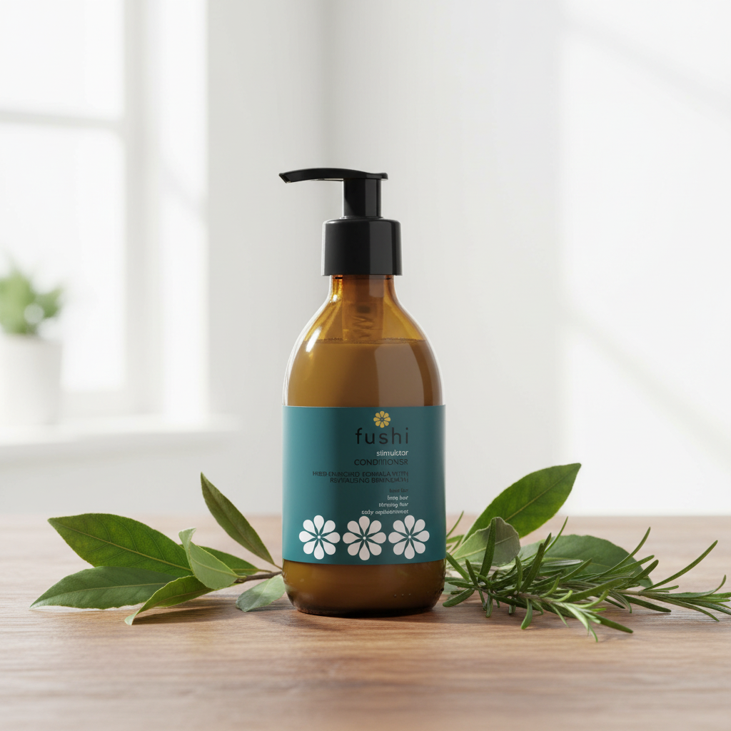 Fushi Stimulator Herbal Conditioner 230ml in amber glass bottle with pump, with fresh bay leaf and rosemary