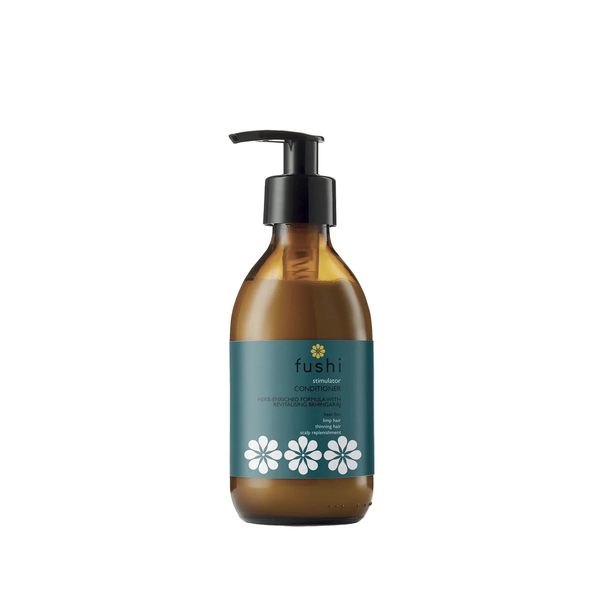 Brown bottle with pump and blue label featuring white flowers on a white background