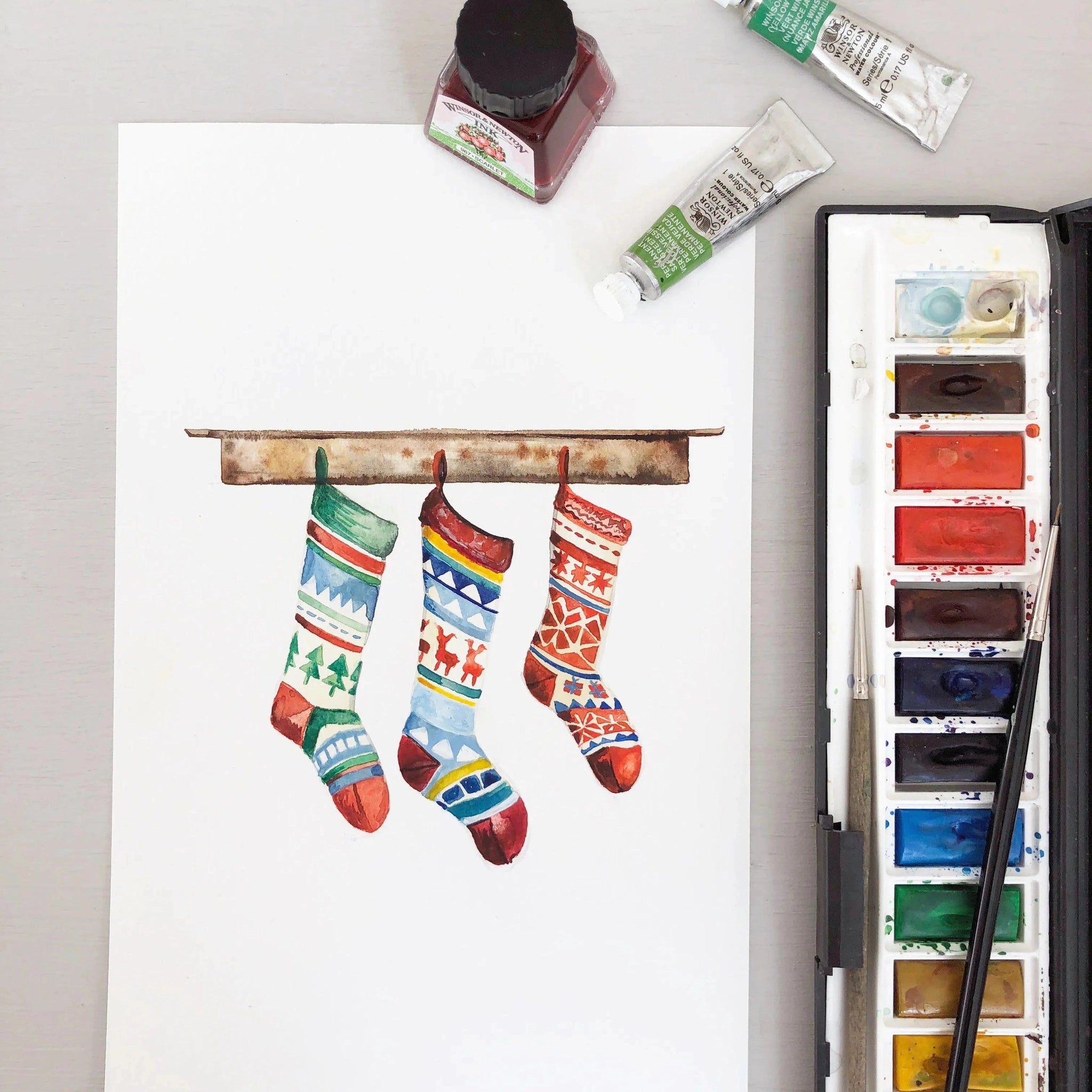 Katie Hipwell Design Hand-Painted Christmas Stockings Card -  Greeting Card Packs Arts & Entertainment > Party & Celebration > Gift Giving > Greeting & Note Cards > Christmas Cards > Blank Christmas cards > Handpainted Christmas Cards emmy-jane-boutique.myshopify.com