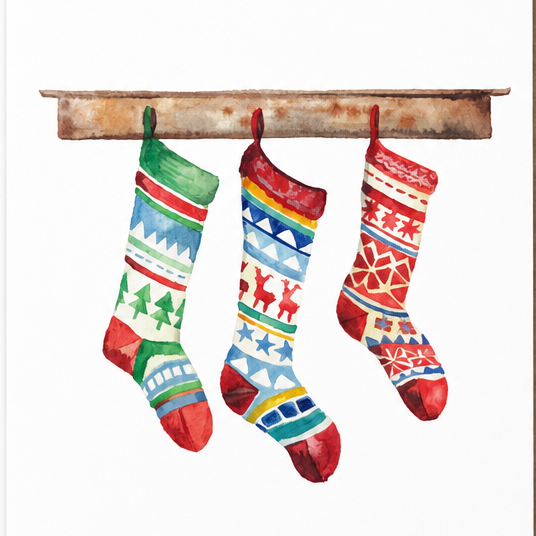 Three Christmas stockings with colorful Nordic patterns hang from a rustic wooden beam against a plain white background.