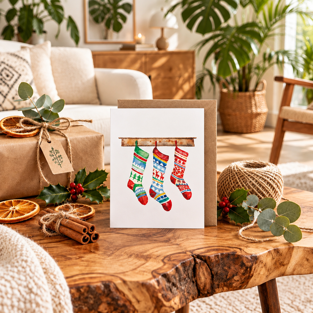 An A6 greeting card with a white background and an illustration of three colourful Christmas stockings, styled on a rustic wooden table with holiday decor in a cosy living room setting.