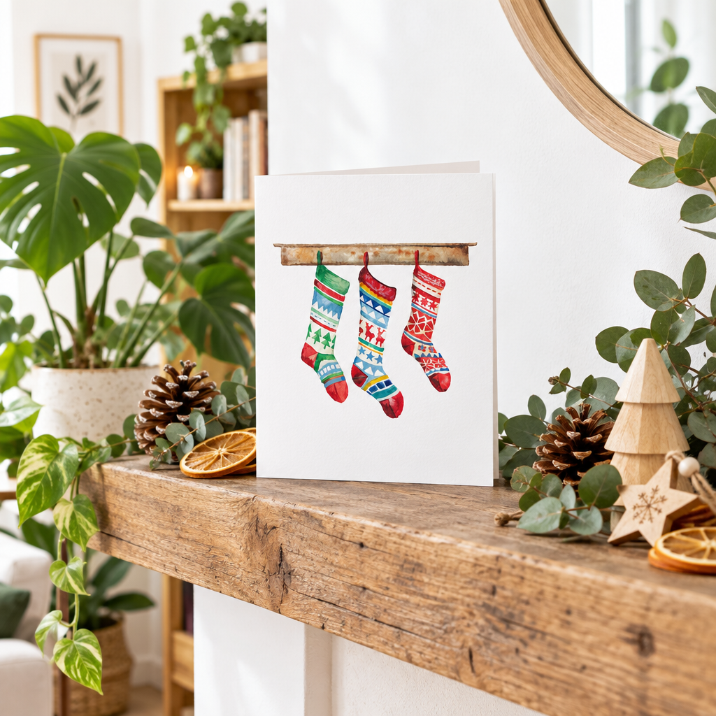 Watercolour Christmas stockings card standing on a rustic wooden mantel beside festive greenery and decorations
