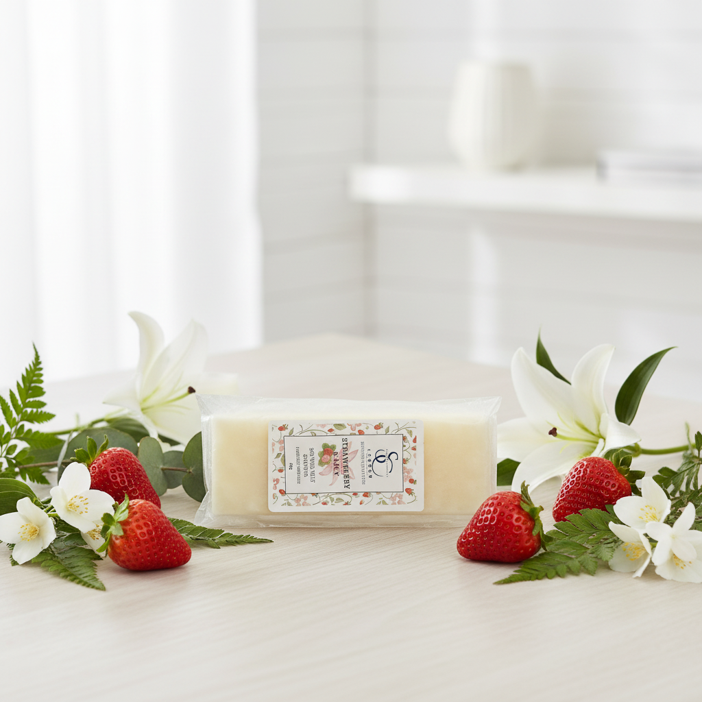A packaged bar of soy wax melts sits on a light tabletop surrounded by white lilies, strawberries, and green leaves. The soap package is clear plastic with a cream-colored bar inside and a floral label.