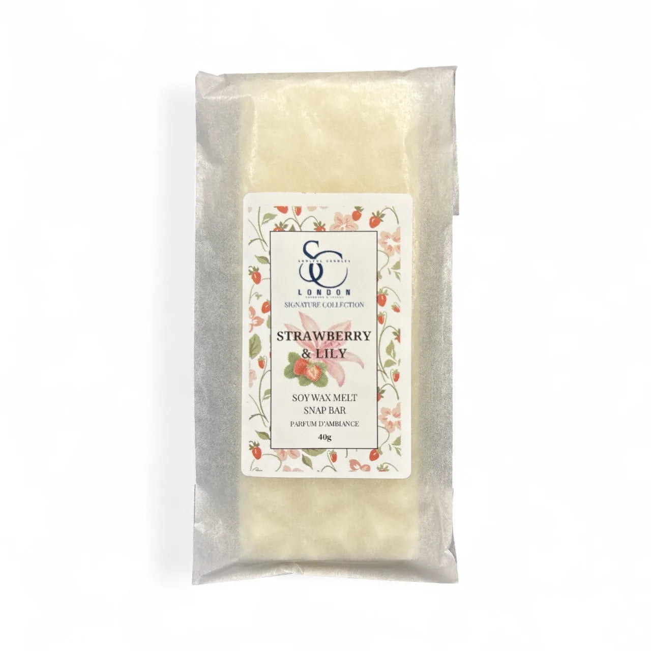 Strawberry & Lily soy wax melt bar in packaging on a white background