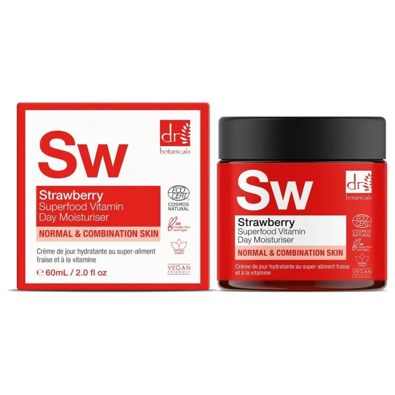 Red SW Strawberry Superfood Vitamin Day Moisturiser jar and box on a white background