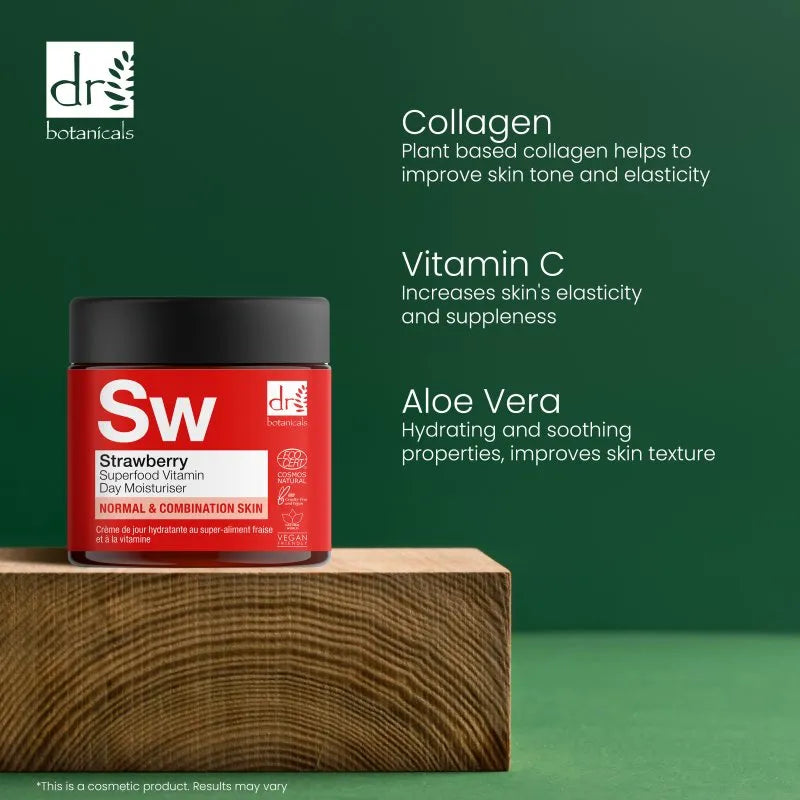Red jar of SW Strawberry Superfood Vitamin Day Moisturiser on a wooden block with green background and text about ingredients.
