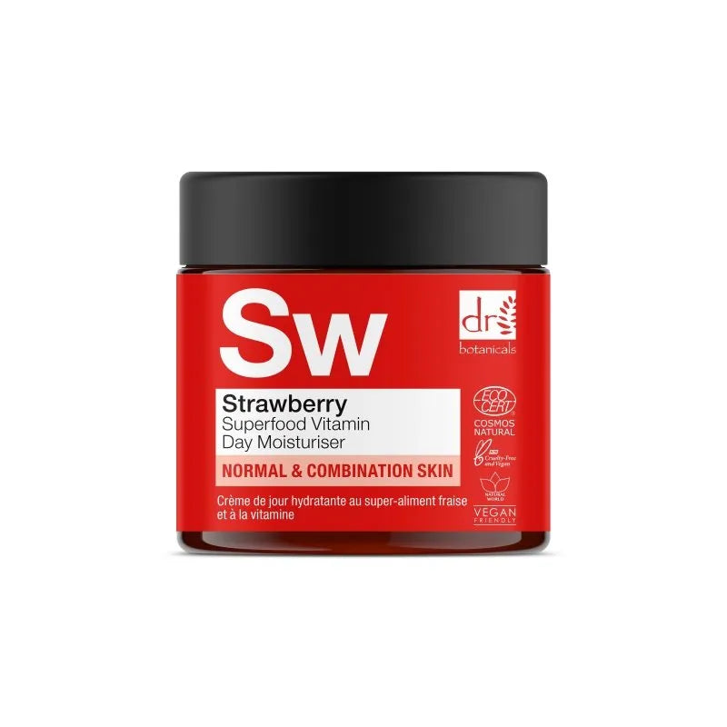 Red jar of strawberry superfood vitamin day moisturiser with black lid on a white background