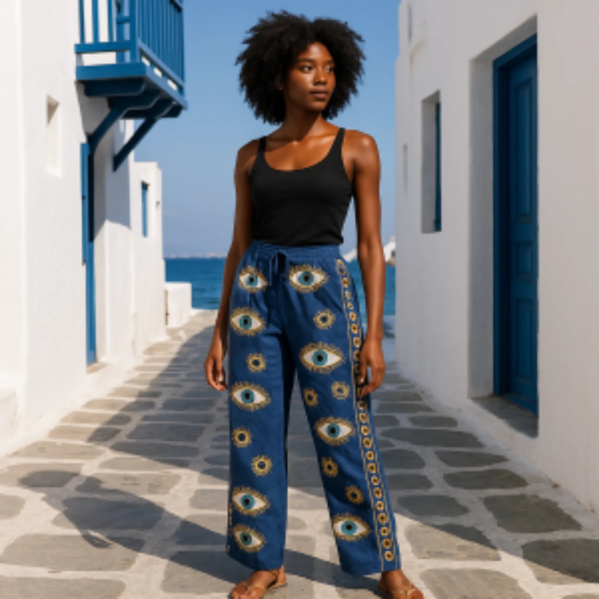 Ancient Wisdom Cotton Summer Trousers - Holiday Lounge Pants Clothing & Accessories > Clothing > Trousers & Jeans > Cotton Trousers > Holiday Trousers > Lounge Pants > Hand Painted Trousers > Indian Cotton Trousers emmy-jane-boutique.myshopify.com