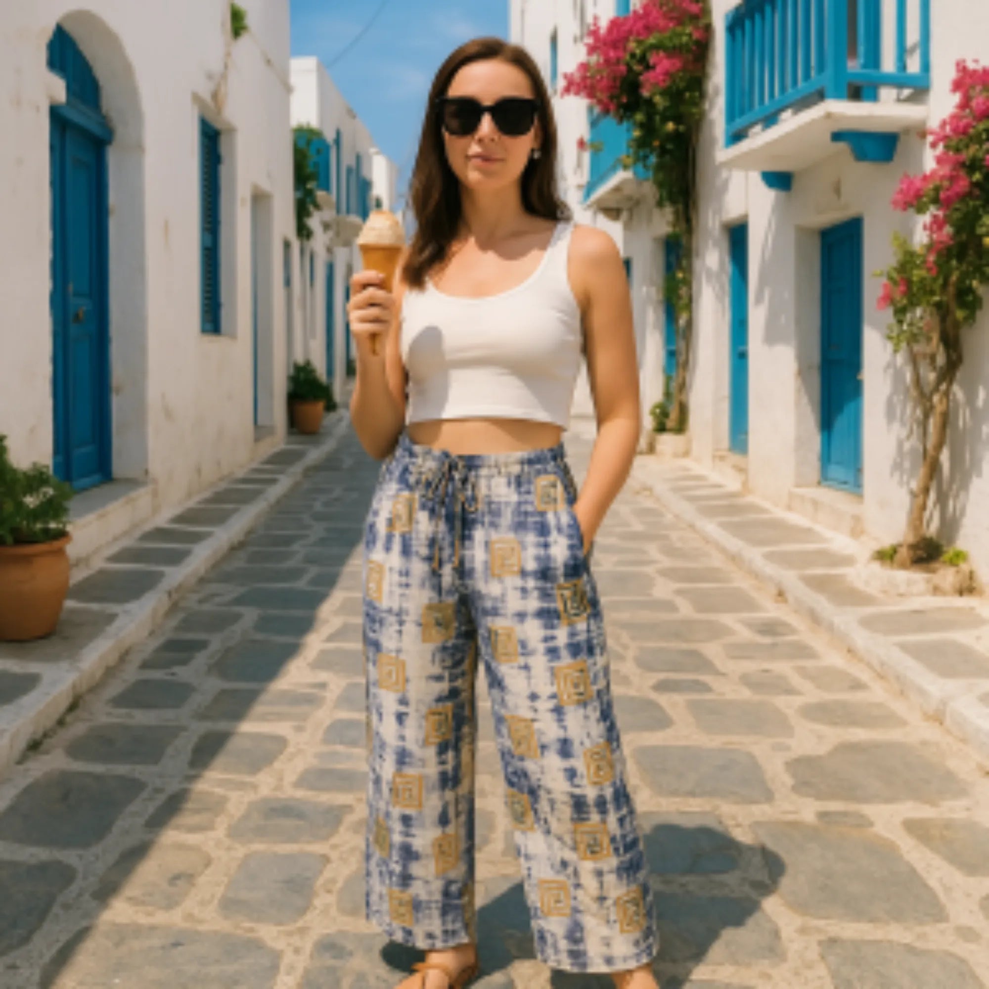 Ancient Wisdom Cotton Summer Trousers - Holiday Lounge Pants Clothing & Accessories > Clothing > Trousers & Jeans > Cotton Trousers > Holiday Trousers > Lounge Pants > Hand Painted Trousers > Indian Cotton Trousers emmy-jane-boutique.myshopify.com