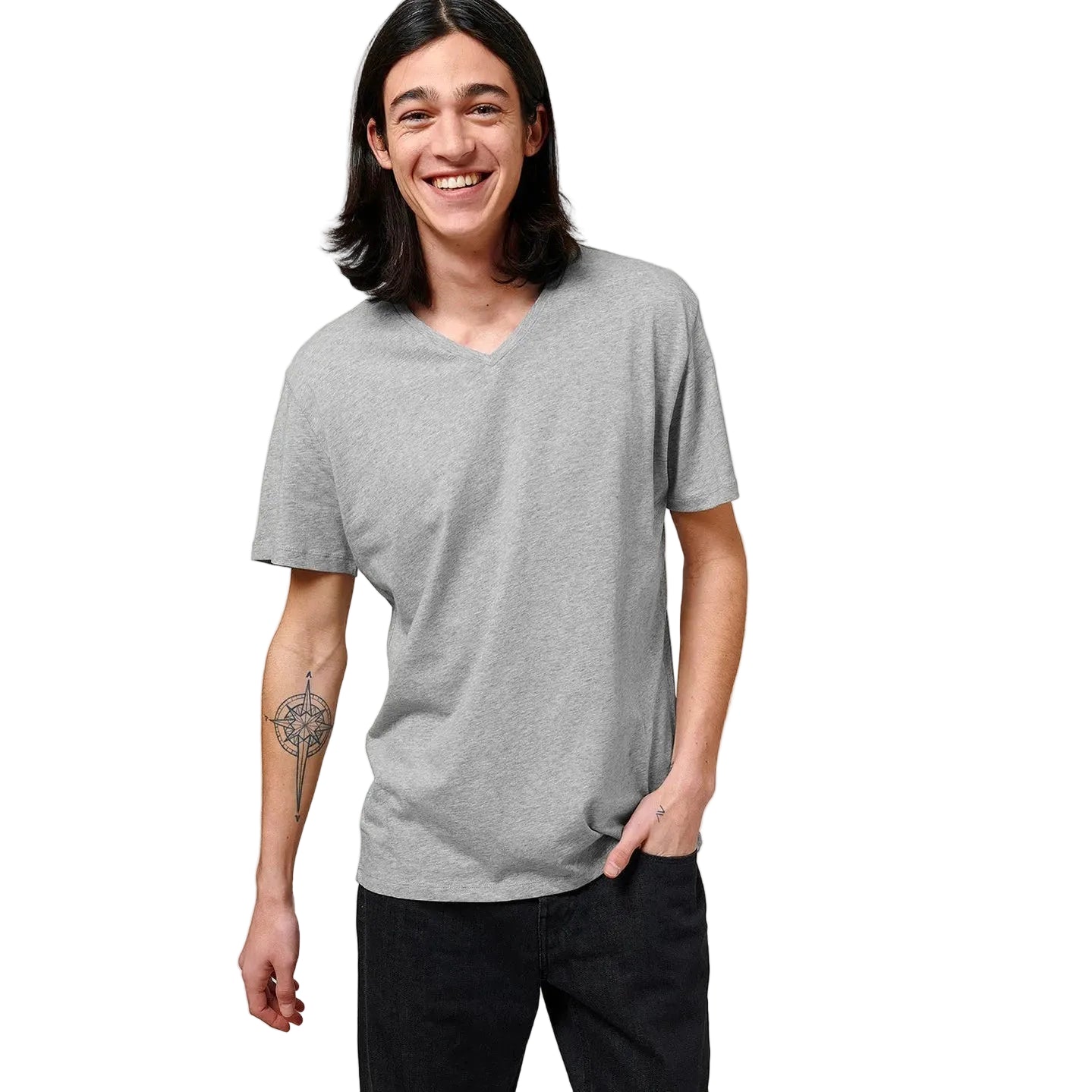 Person wearing a gray t-shirt against a plain background
