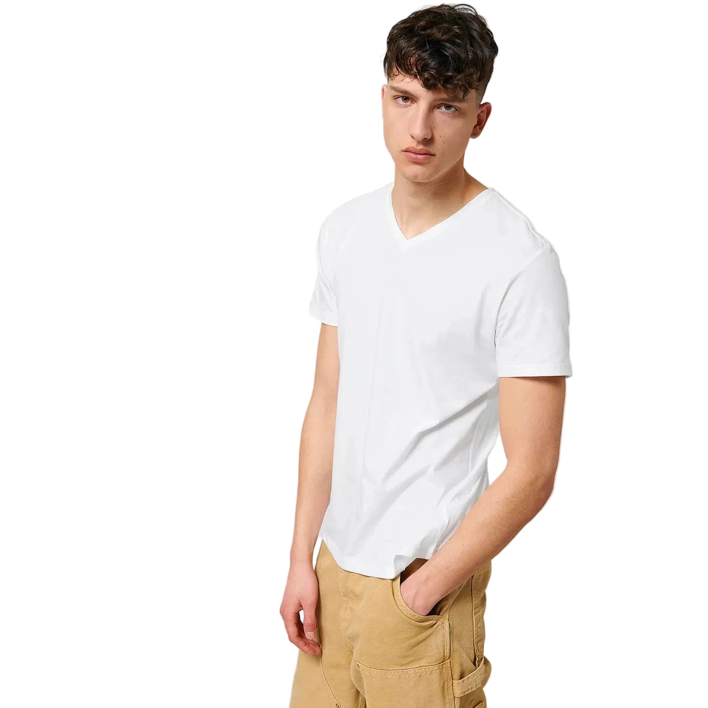 Person wearing a white t-shirt and beige pants against a plain background