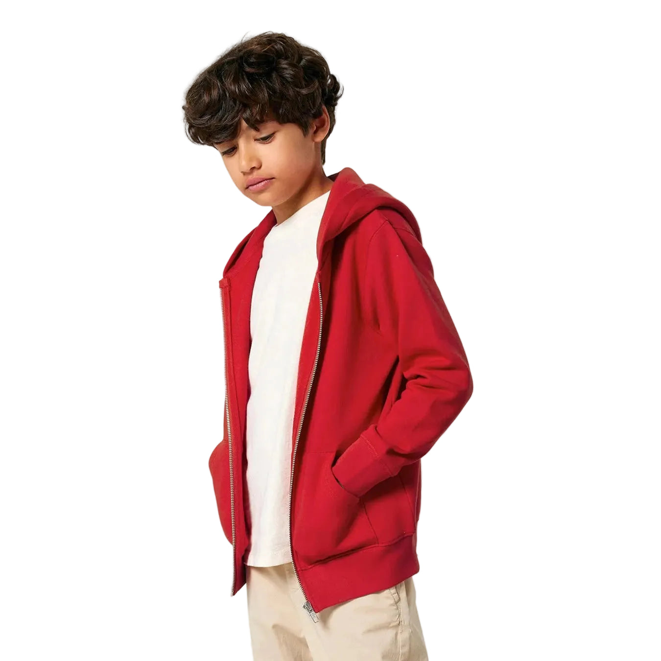 Child wearing a red hoodie on a white background