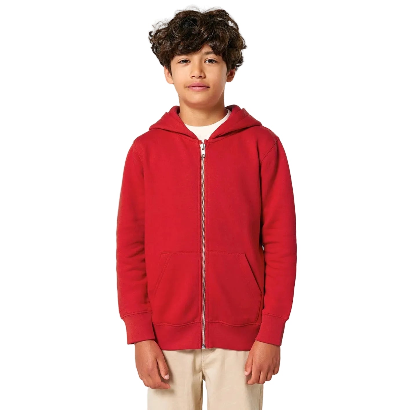 Child wearing a red hoodie on a white background