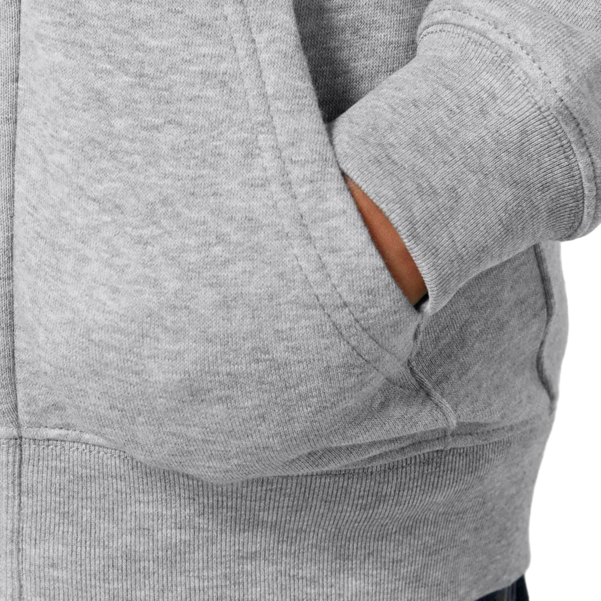 Grey hoodie with a focus on the front pocket area.