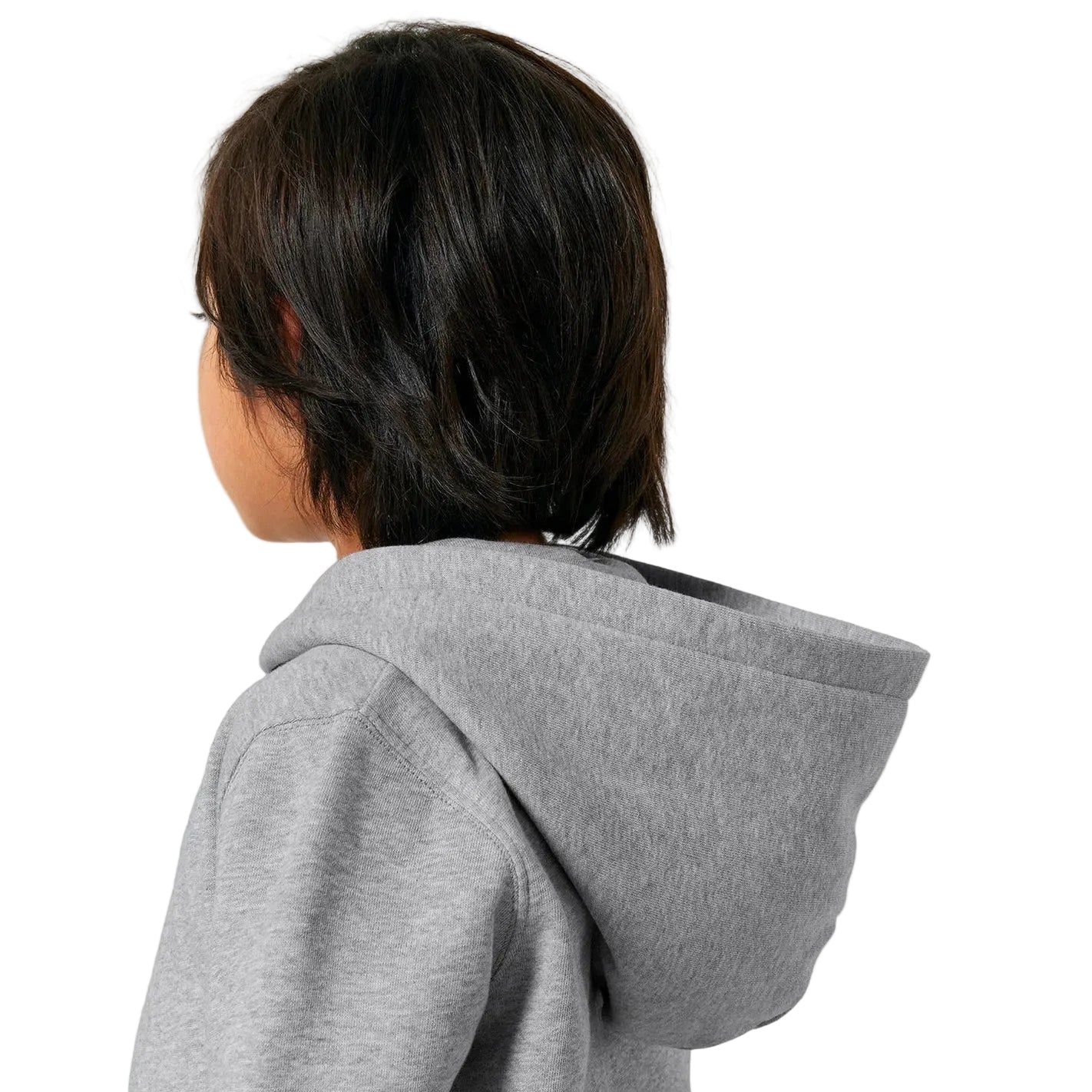 Person wearing a grey hoodie from behind on a white background