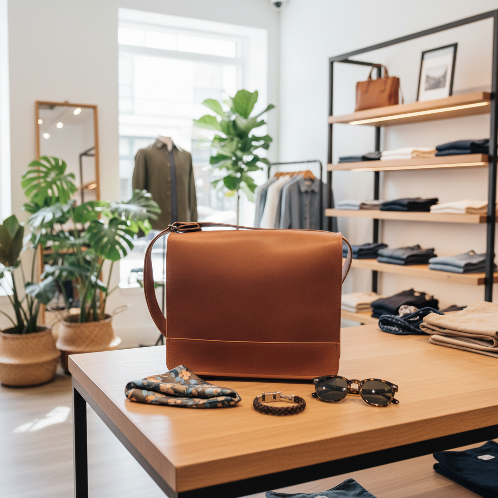A tan leather messenger bag sits on a light wood table inside a styled retail boutique, surrounded by folded clothing on shelves, potted plants, and accessories like sunglasses, a scarf, and a bracelet.