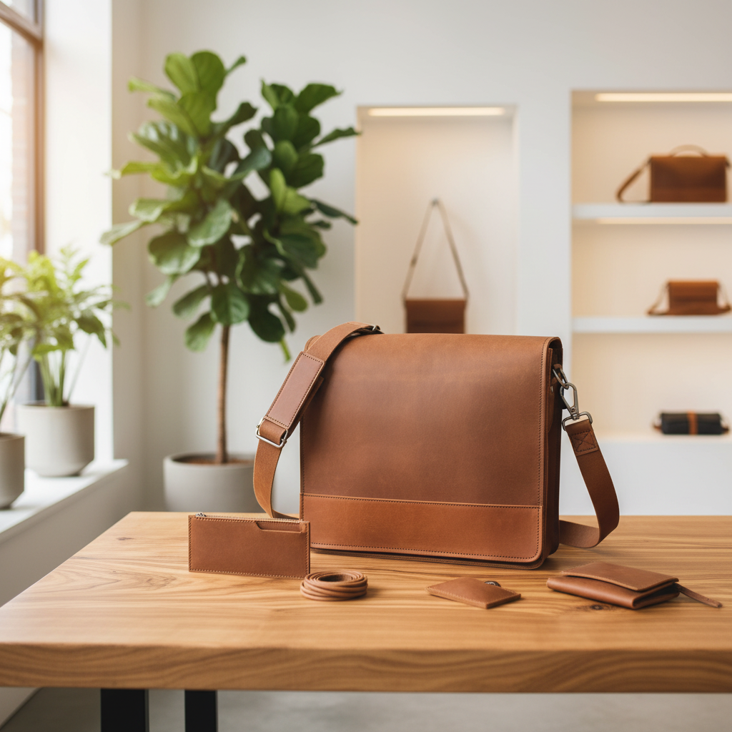 A tan brown leather messenger bag sits on a wooden table in a bright, modern interior with shelves, plants, and small matching leather accessories nearby.