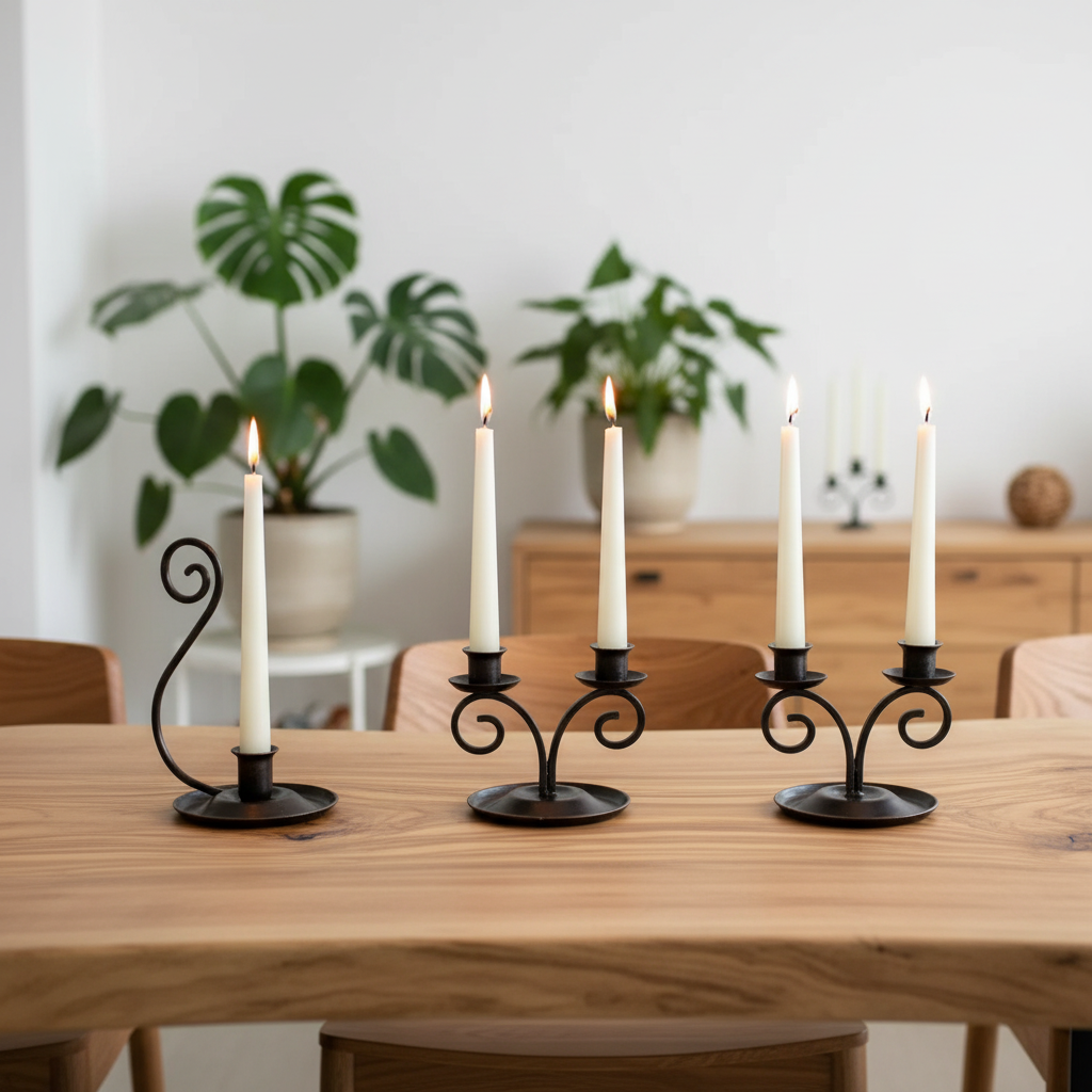 Four black wrought iron candlesticks with decorative scrollwork bases are arranged on a light wood dining table. Three candlesticks hold white taper candles lit.