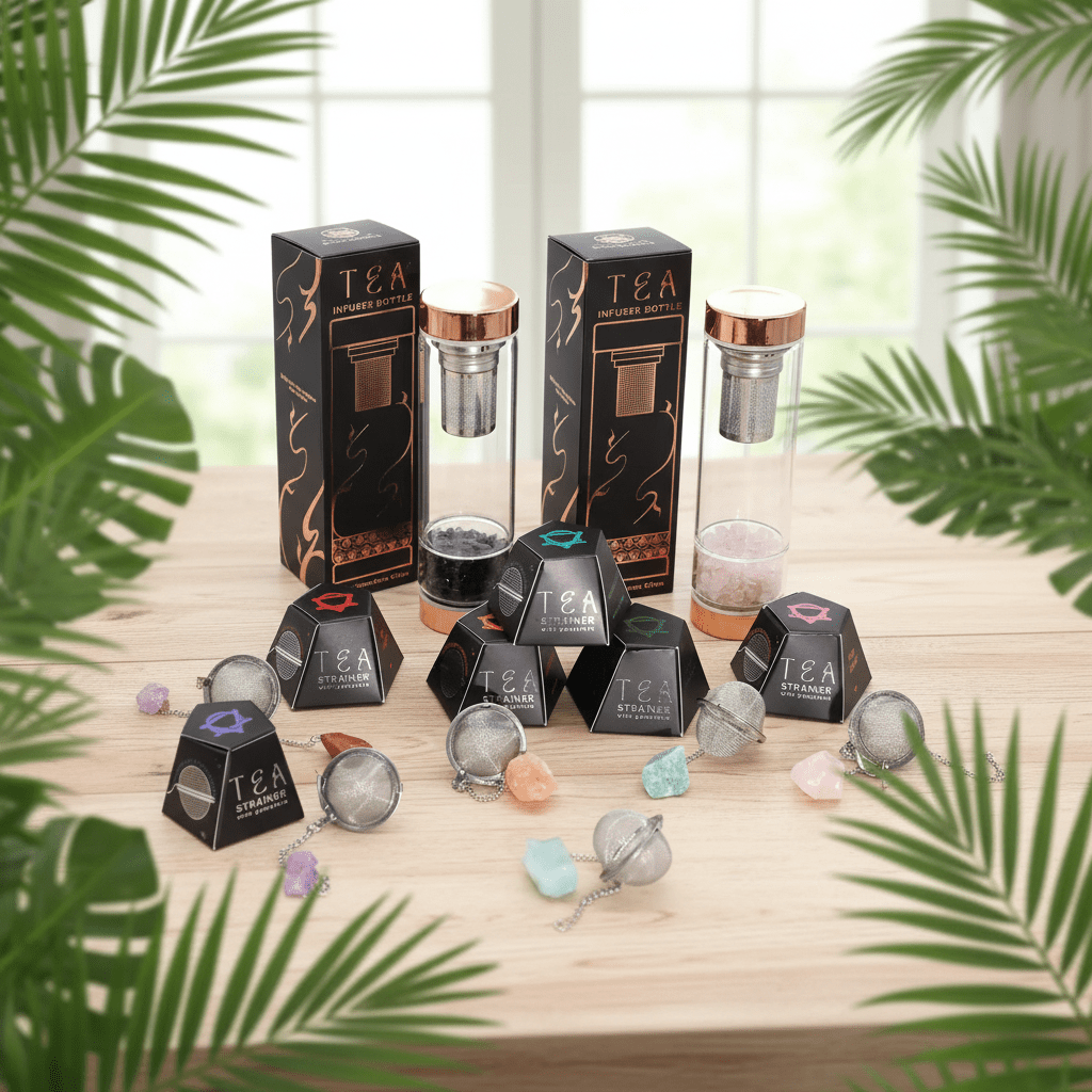 Tea infusers with packaging on a wooden surface, surrounded by green leaves.