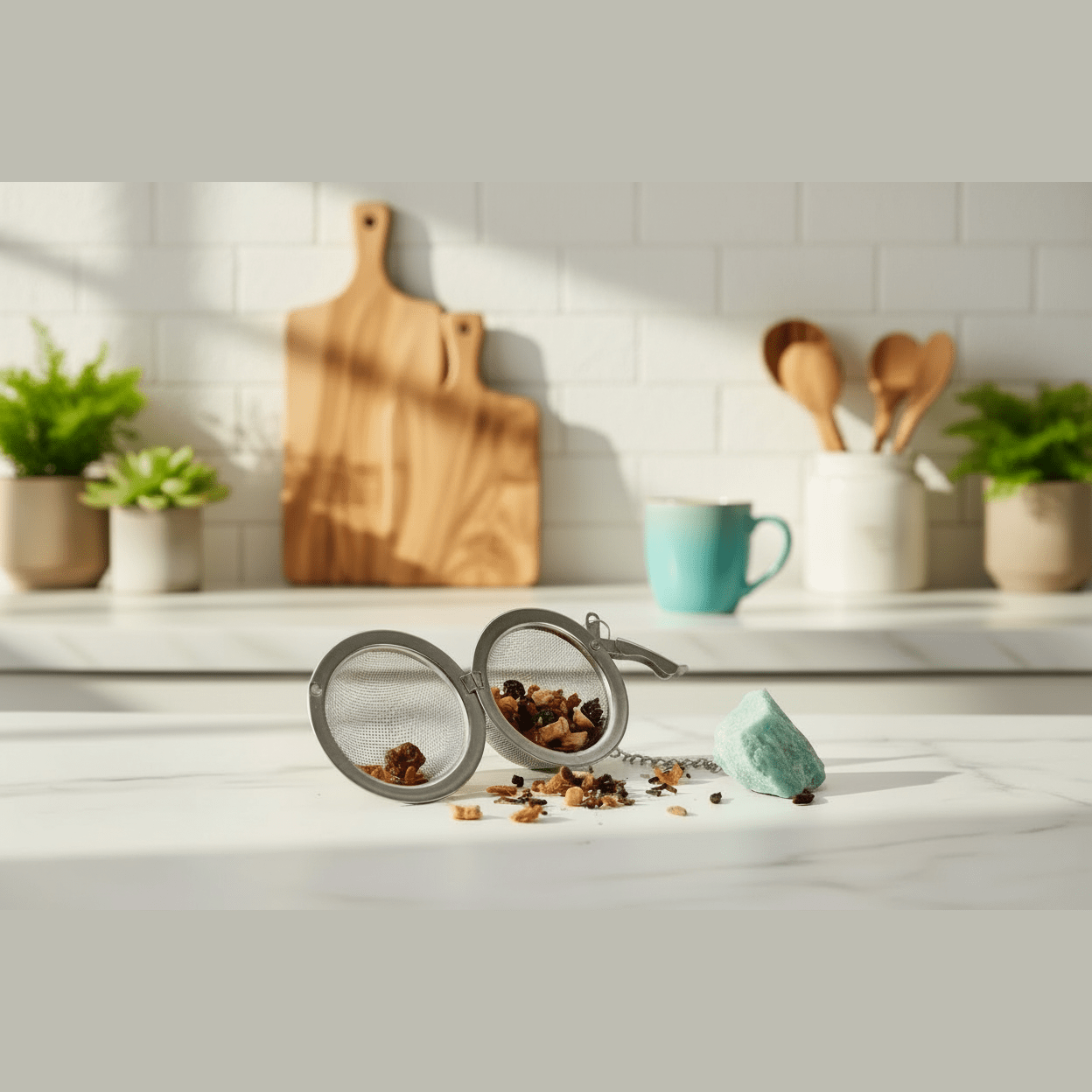 Tea infuser with loose tea on a kitchen counter