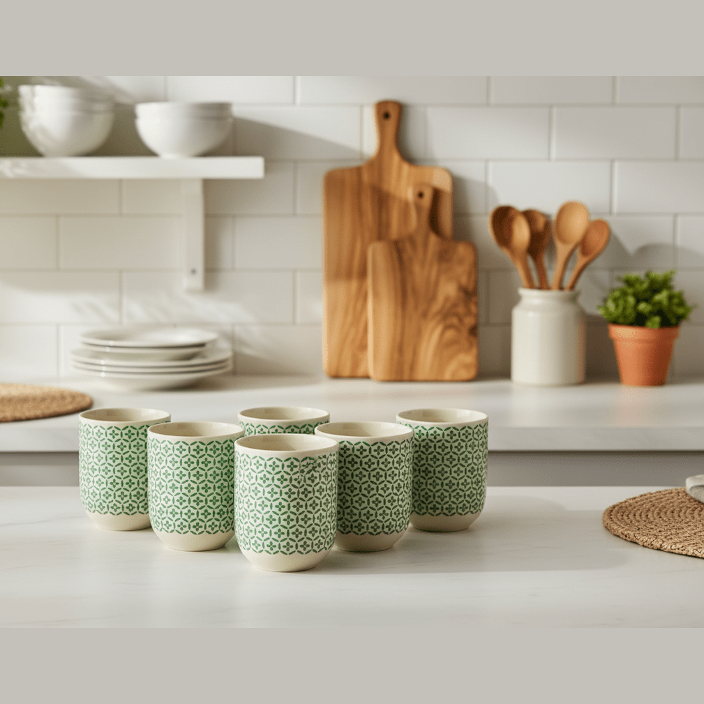 Set of green patterned ceramic cups on a kitchen counter with wooden cutting board and utensils in the background.