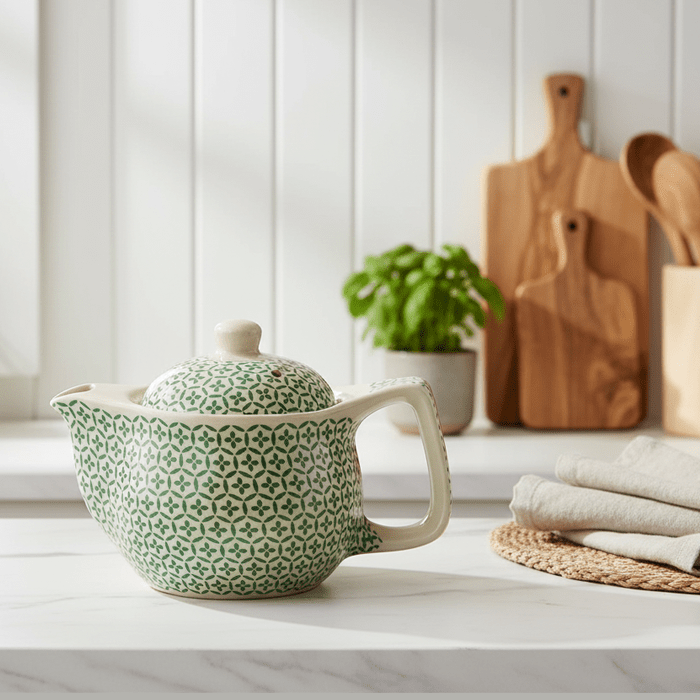 Green patterned teapot on a kitchen counter with wooden utensils and plants in the background.