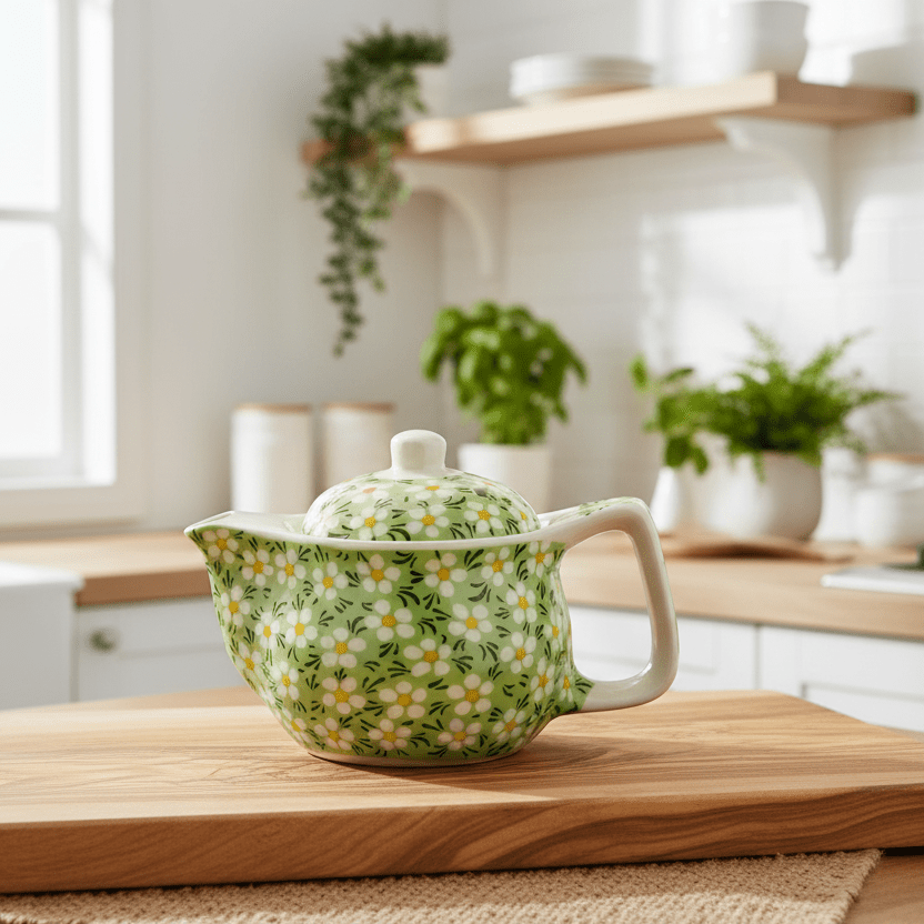 Decorative teapot on a wooden cutting board in a kitchen setting